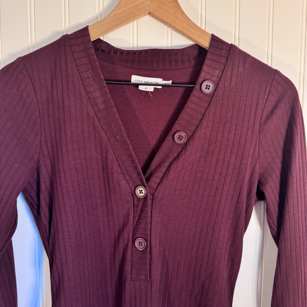 Good American Burgundy Ribbed Button Down  Long Sleeve Bodysuit Size Small - Picture 3 of 12